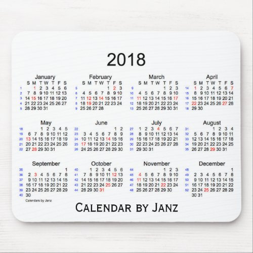 2018 Holiday 52 Weeks White Calendar by Janz Mouse Pad