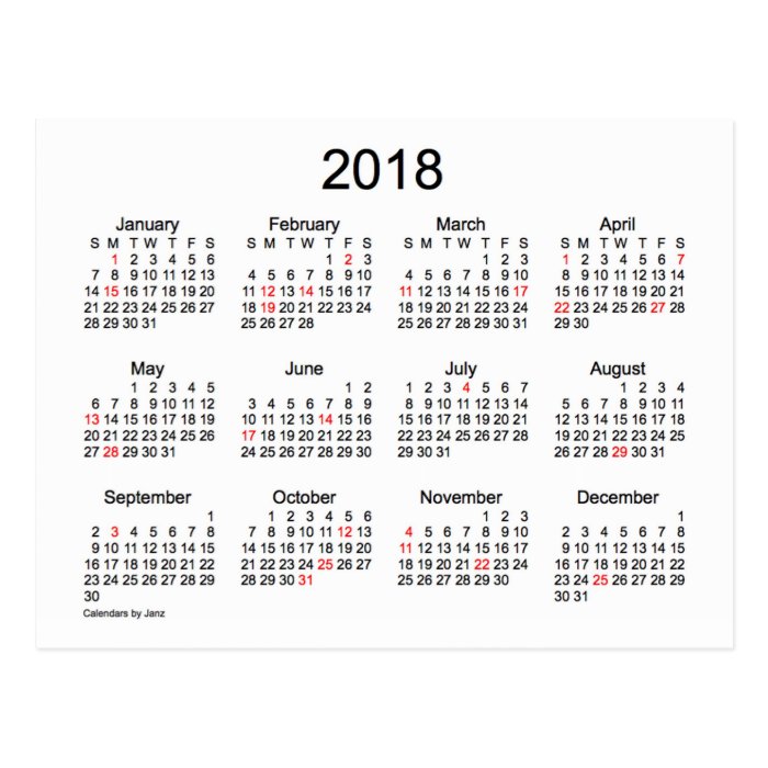 2018 mini calendar templates