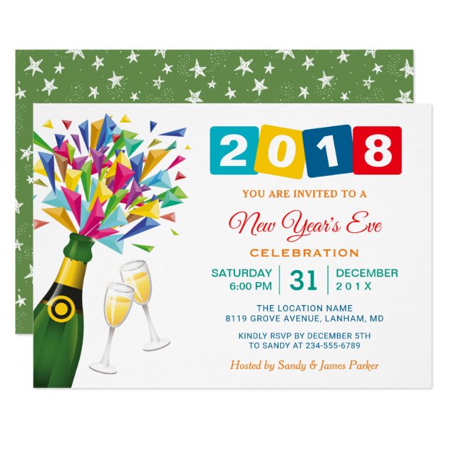 2018 New Year's Eve Party Colorful Bubbly Toast Invitation