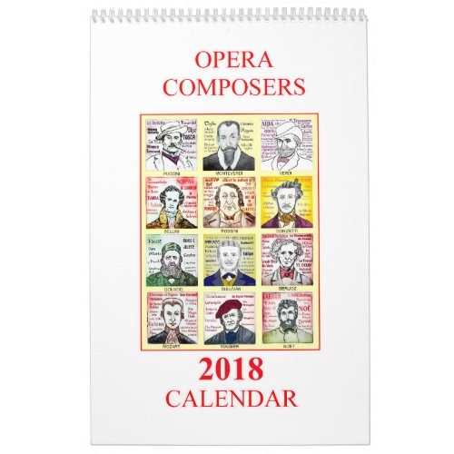 2018 OPERA COMPOSERS wall calendar