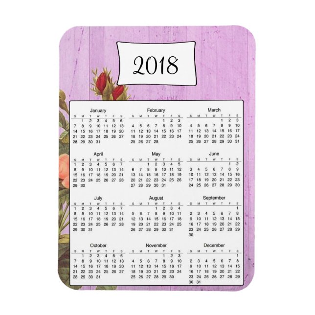 2018 Rustic Purple Floral Wood Calendar Magnet (Vertical)