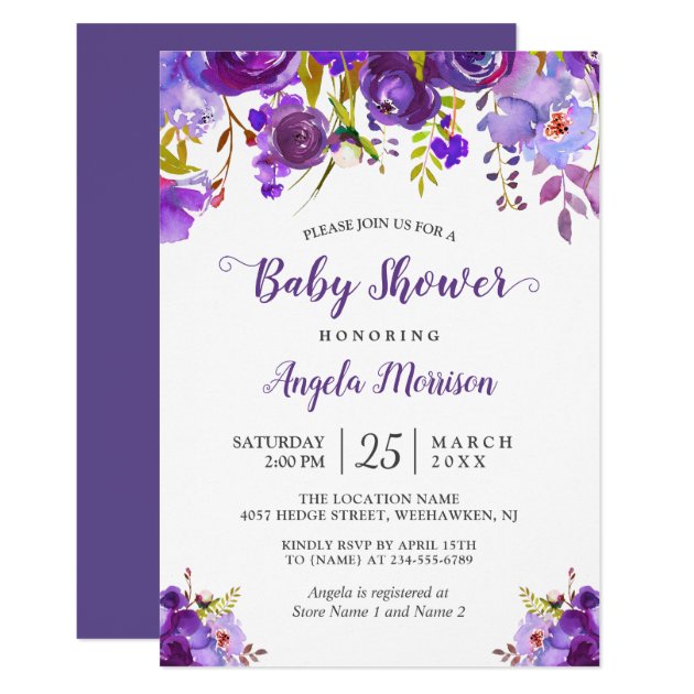 2018 Trendy Ultra Violet Purple Floral Baby Shower Invitation