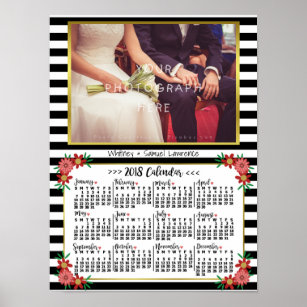 2018 Year Calendar Trendy Floral Stripes   Photo Poster