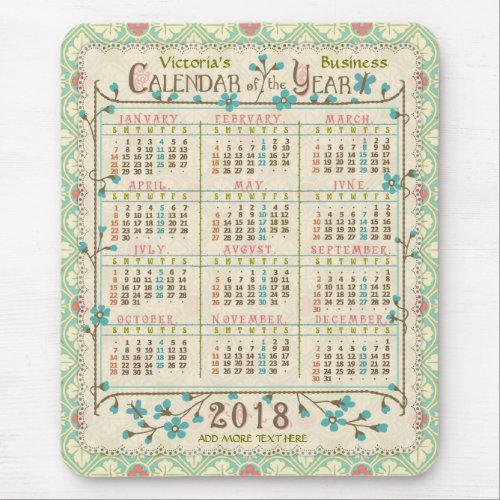 2018 Year Calendar Victorian Art Nouveau  Custom Mouse Pad