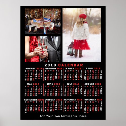 2018 Year Monthly Calendar Black Custom 3 Photos Poster