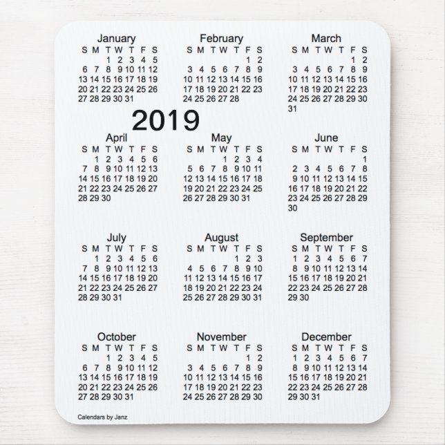 2019 Black and White Large Print Calendar by Janz Mouse Pad (Front)