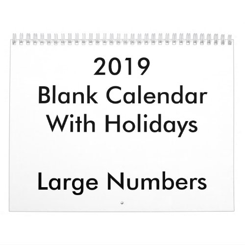 2019 Blank Calendar With Holidays Large Numbers