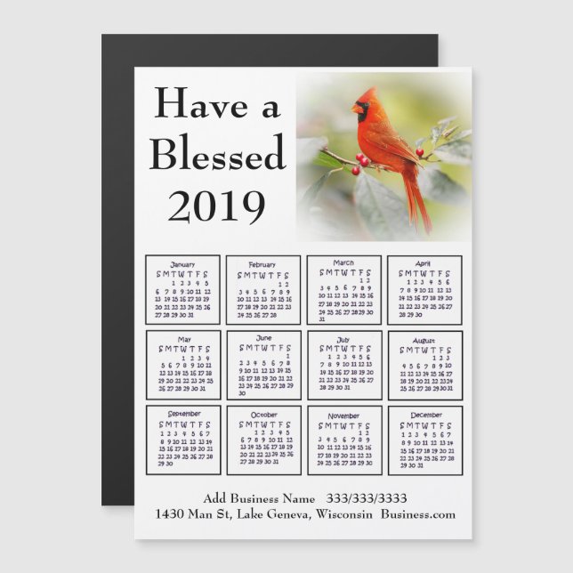 2019 Business Name and Info Cardinal Calendar Magnetic Invitation (Front/Back)