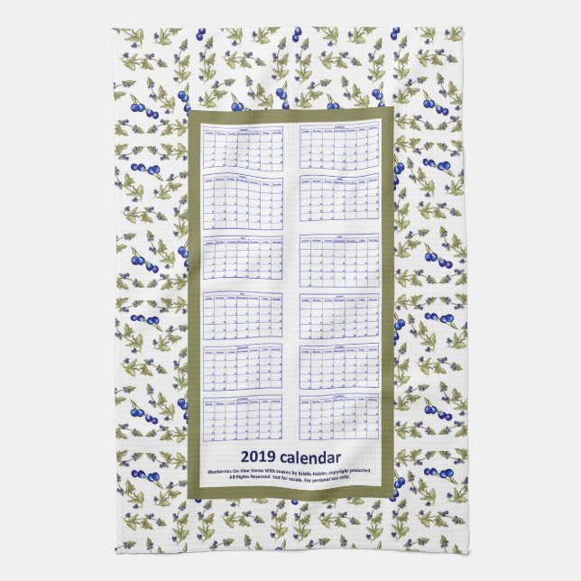 2019 calendar blueberries on vine leaves border kitchen towel (Vertical)