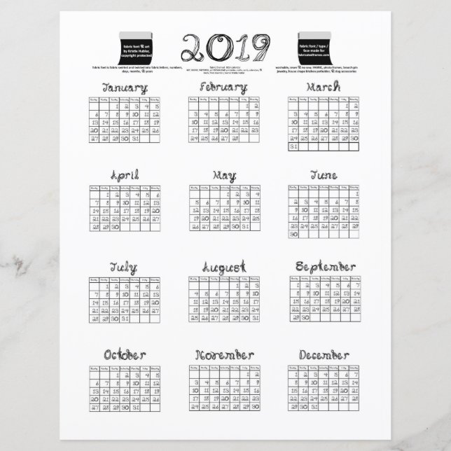 2019 calendar fabric font fabric bolts black white (Front)