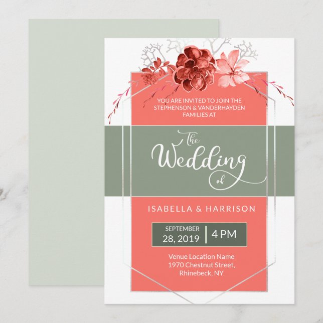 2019 Coral Sage Modern Floral Geometric Wedding Invitation (Front/Back)