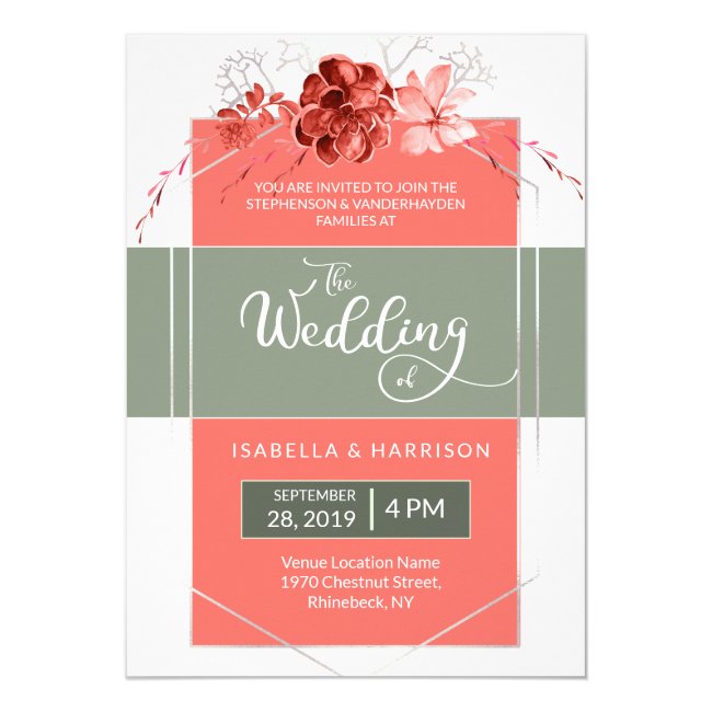 2019 Coral Sage Modern Floral Photo Wedding Invitation