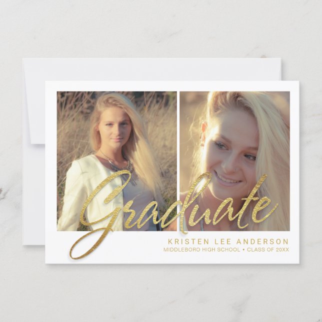2019 Graduation Faux Gold Foil 2-Photo Script Invitation (Front)