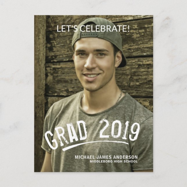 2019 Graduation Masculine Grunge Lettered Photo Invitation Postcard (Front)