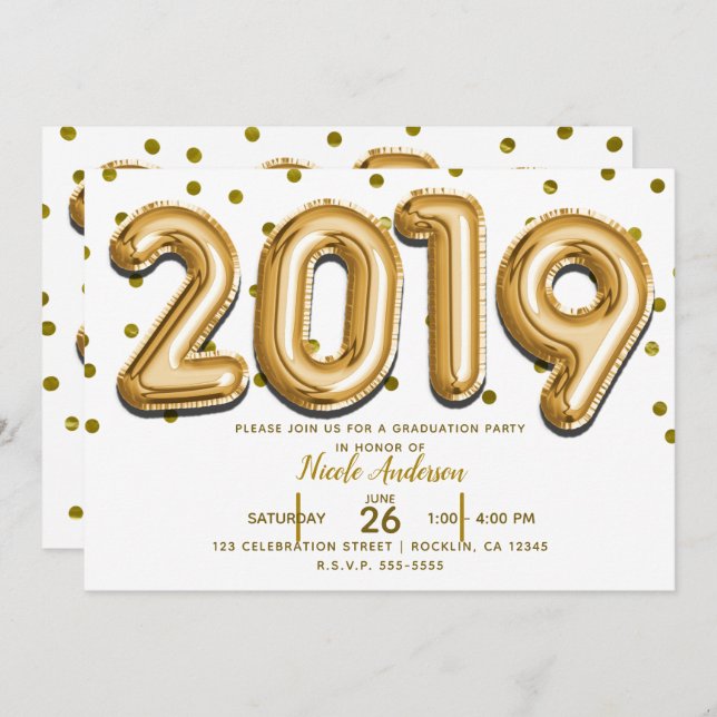 2019 GRADUATION PARTY Gold Confetti Balloons Invitation (Front/Back)