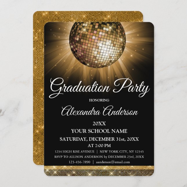2019 Graduation Party Gold Disco Ball Sparkle Invitation (Front/Back)
