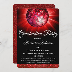 2019 Graduation Party Red Disco Ball Sparkle Invitation