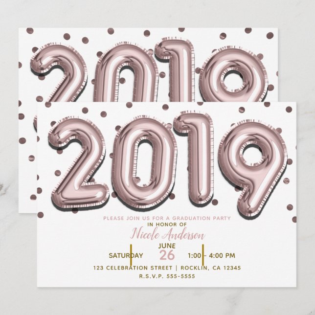 2019 GRADUATION PARTY Rose Gold Confetti Balloons Invitation (Front/Back)