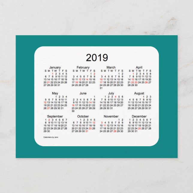 2019 Holiday Calendar by Janz Teal Postcard (Front)