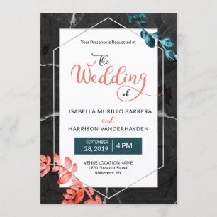 2019 Modern Coral Teal Botanical Black Wedding Invitation