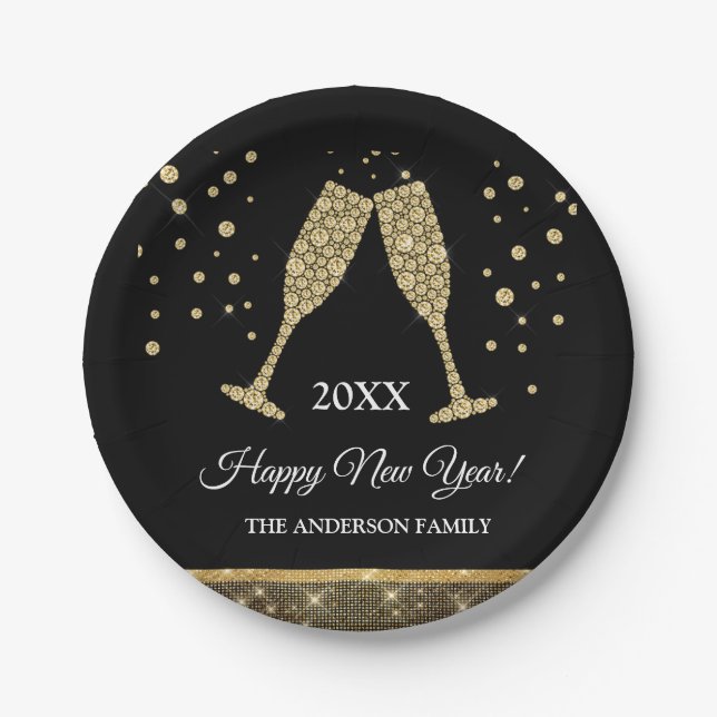 2019 New Year's Eve Party Faux Gold Foil Paper Plates (Front)