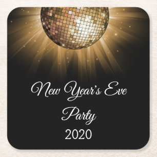 2019 New Year's Eve Party Gold Disco Ball Square Paper Coaster