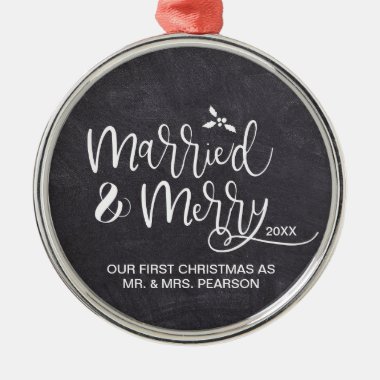 2019 Our First Christmas Married Merry Chalkboard Metal Ornament