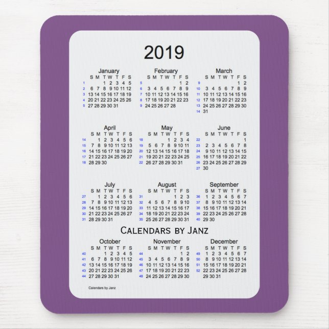 2019 Purple Smoke 52 Week Calendar by Janz Mouse Pad (Front)