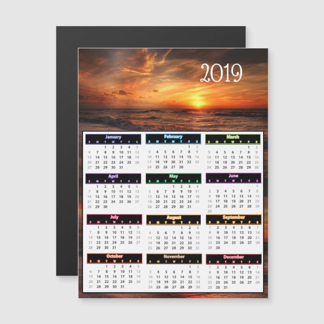 2019 Red Ocean Sunset Mini Calendar Magnetic Invitation (Front/Back)