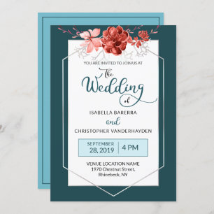 2019 Teal & Coral Floral Geometric Photo Wedding Invitation