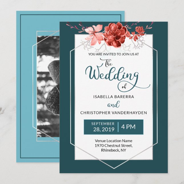 2019 Teal & Coral Floral Geometric Photo Wedding Invitation (Front/Back)