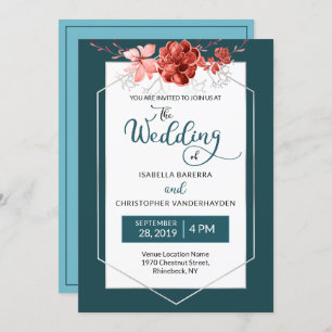 2019 Teal & Coral Floral Geometric Photo Wedding Invitation
