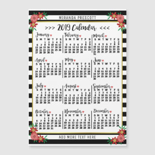 2019 Year Calendar Black Stripe Floral Name Magnet