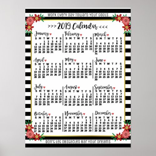 2019 Year Calendar Floral Stripes  Custom Text Poster