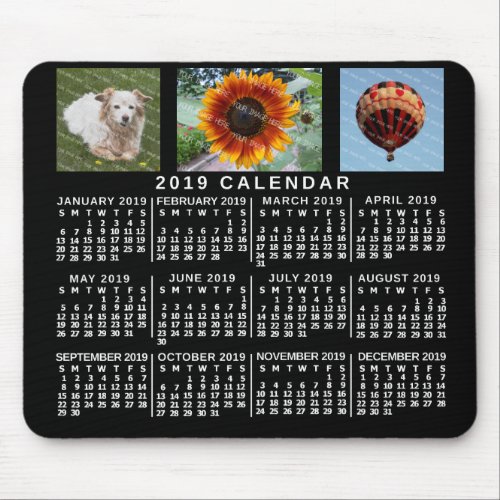 2019 Year Monthly Calendar Black Custom 3 Photos Mouse Pad