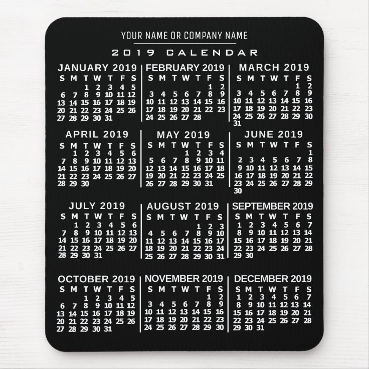 2019 Year Monthly Calendar Black White Custom Name Mouse Pad | Zazzle