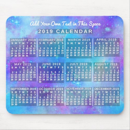 2019 Year Monthly Calendar Blue Watercolor Stars Mouse Pad