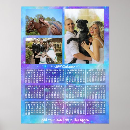 2019 Year Monthly Calendar Boho Watercolor 3 Photo Poster