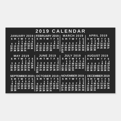 2019 Year Monthly Calendar Classic Black and White Rectangular Sticker