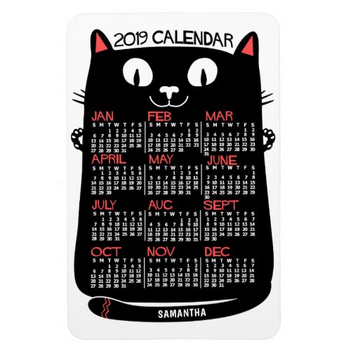 2019 Year Monthly Calendar Mid_Century Black Cat Magnet