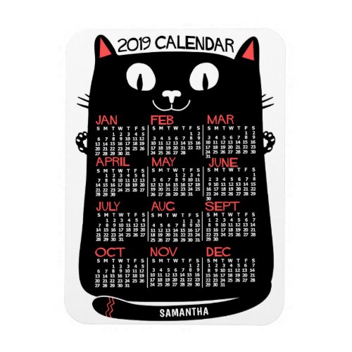 2019 Year Monthly Calendar Mid_Century Black Cat Magnet