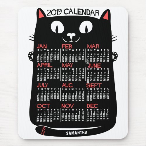 2019 Year Monthly Calendar Mid_Century Black Cat Mouse Pad