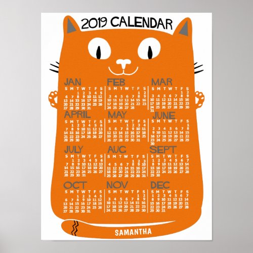 2019 Year Monthly Calendar Mid_Century Orange Cat Poster