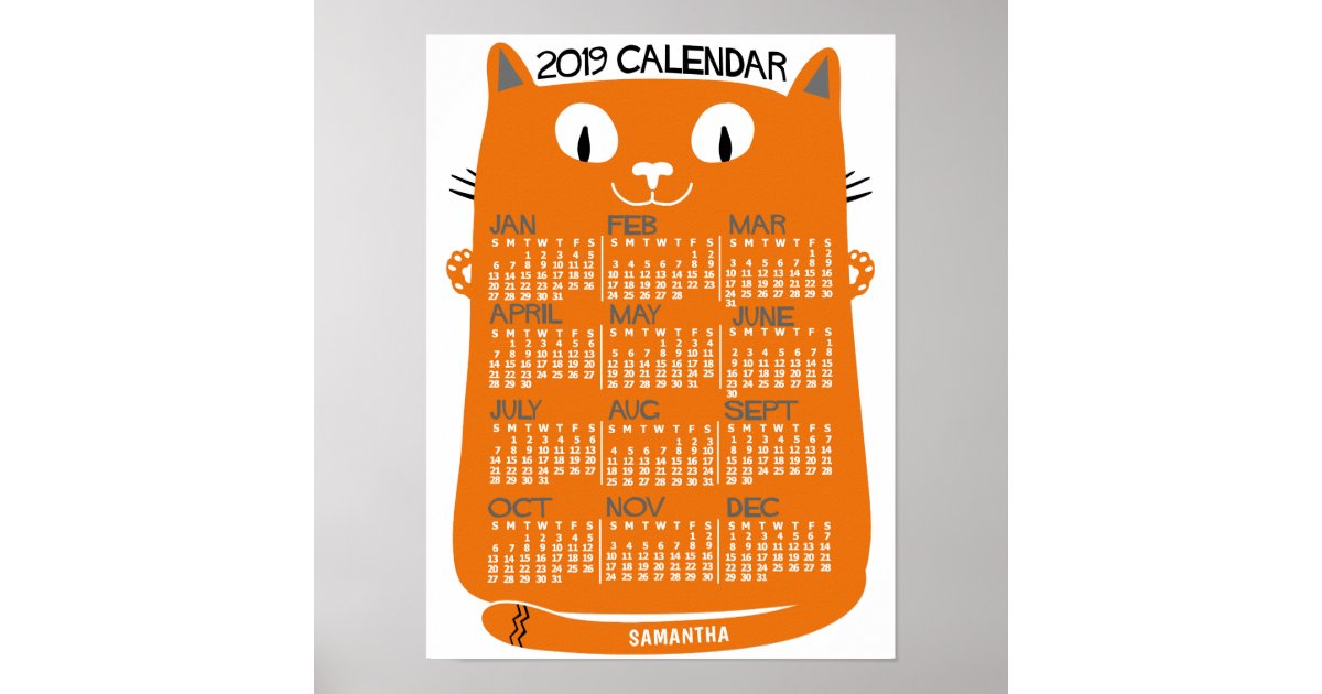 2019 Year Monthly Calendar Mid Century Orange Cat Poster
