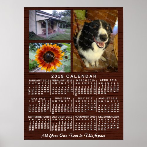 2019 Year Monthly Calendar Wood Custom 3 Photos Poster