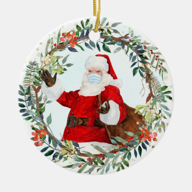 2020 A Year To Remember Santa With Face Mask Ceramic Ornament (Front)