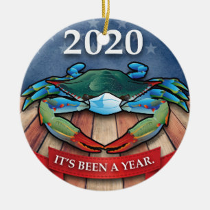 2020 Blue Crab with Face Mask Ceramic Ornament