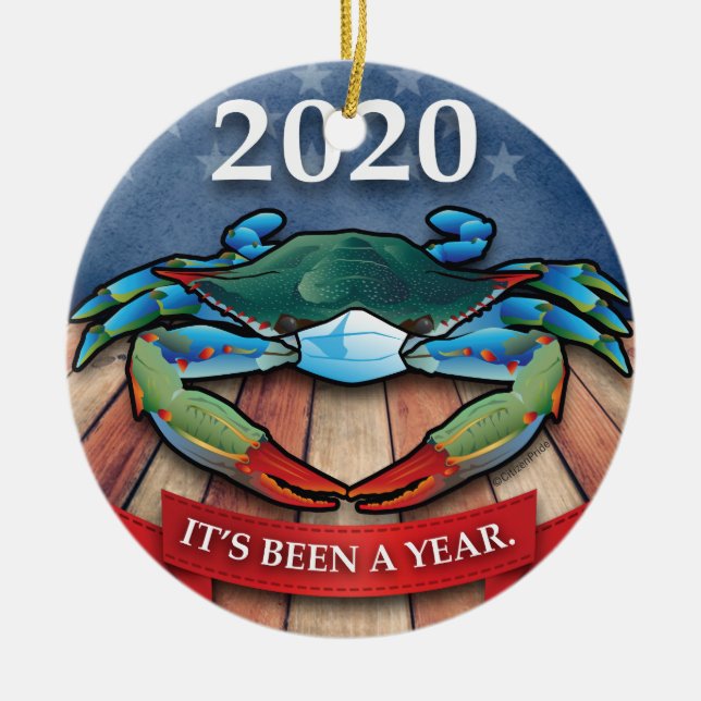 2020 Blue Crab with Face Mask Ceramic Ornament (Front)