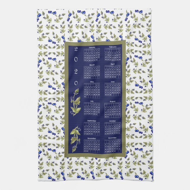 2020 Calendar Blueberries Stemmed Leaves Border Kitchen Towel (Vertical)