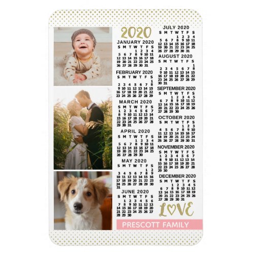 2020 Calendar Blush Pink Gold Family Photo Collage Magnet